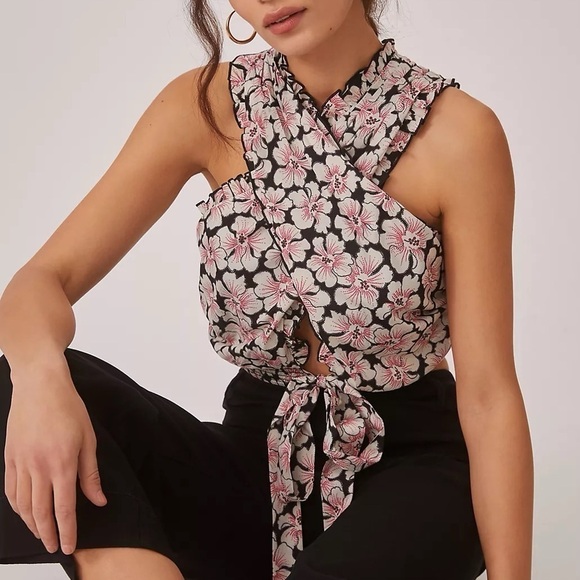 NWT Anthropologie Let Me Be Boho Floral Twisted Ruffle Halter Cropped Top Sz M - Picture 2 of 13